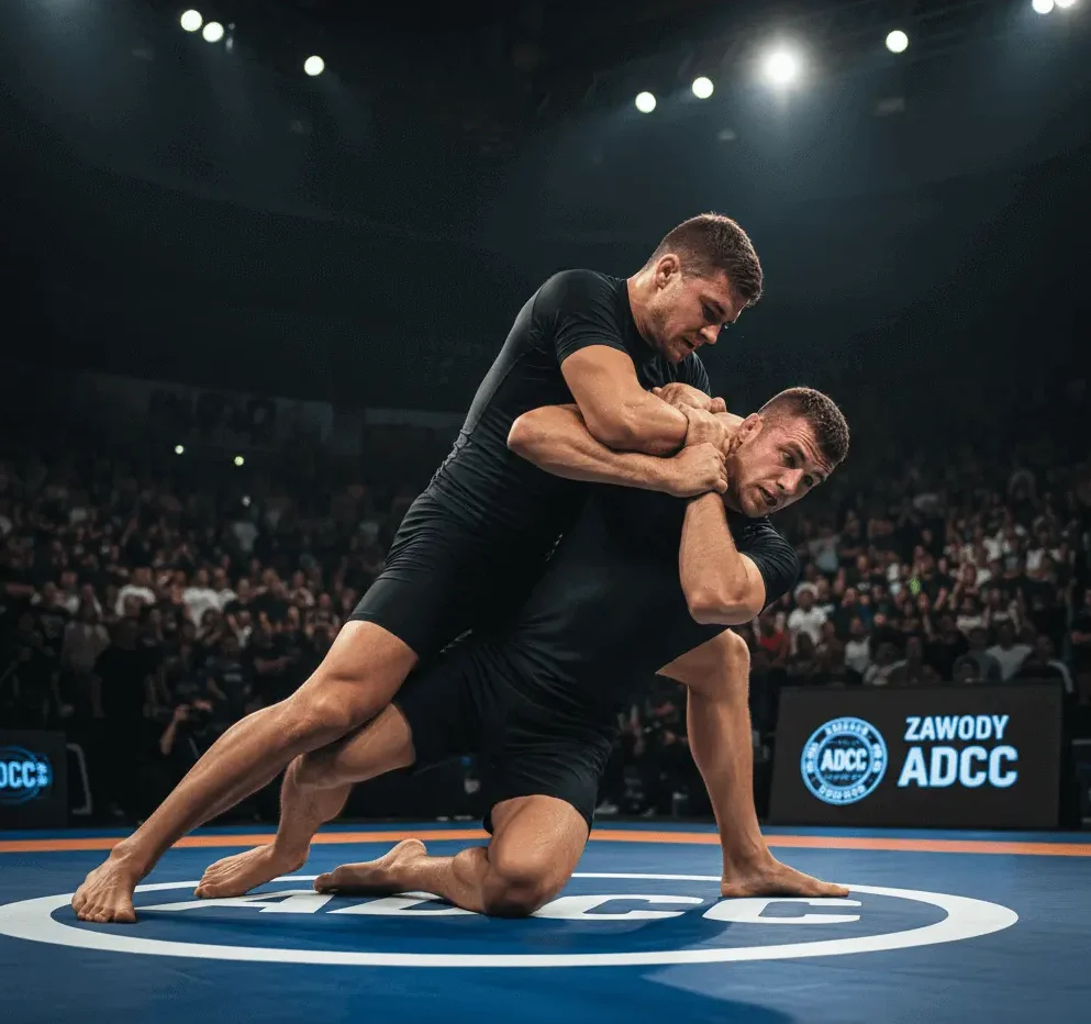 Techniki zapaśnicze i grappling w sportach walki Walka zapaśnicza w parterze podczas zawodów MMA